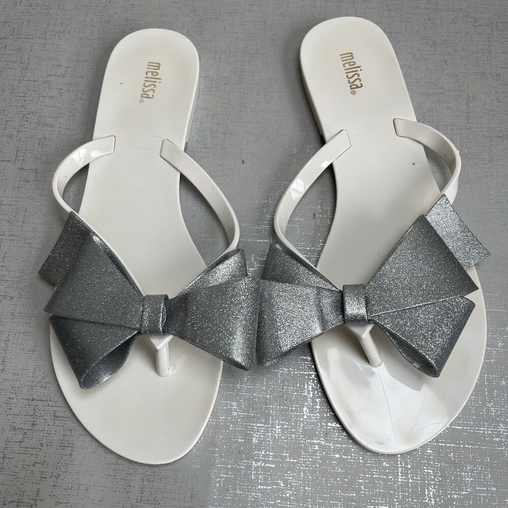 Melissa Women Harmonic Jelly Sandal 8 White Silver Glitter Bow Flip Flop Beach
